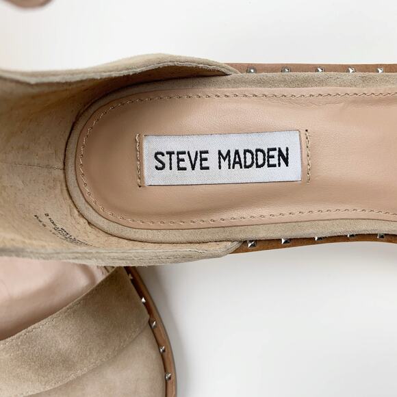 Steve Madden Kenmar Wood Wedge Sandals Ankle Strap Tan Faux Suede Women's 9.5 - Picture 5 of 12